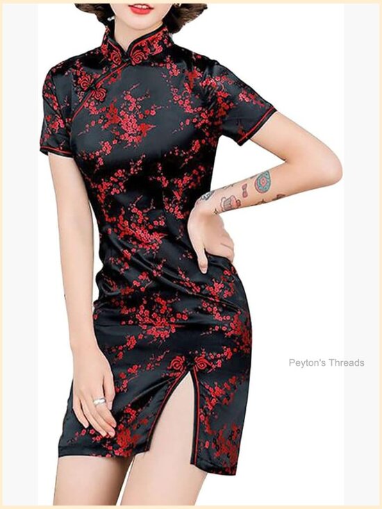Dresses & Skirts - Cheongsam Dress Side Slit Mandarin Collar Floral Print Bodycon Cocktail